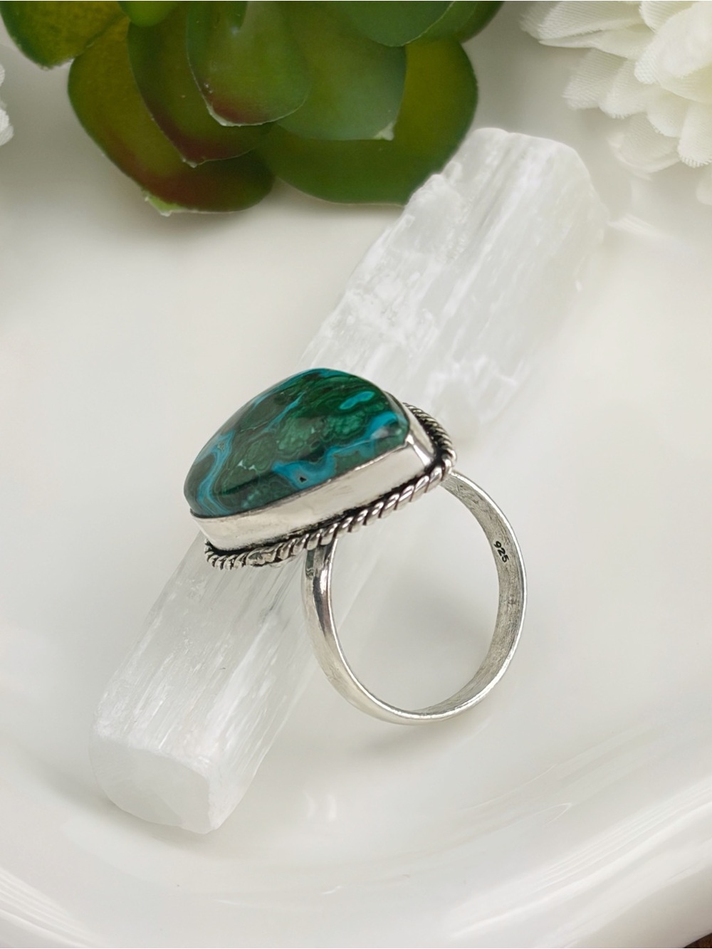 Malachite Chrysocolla Ring Size 9 1/2 9.5 Southwest Sterling Silver 925 Overlay - Picture 5 of 8